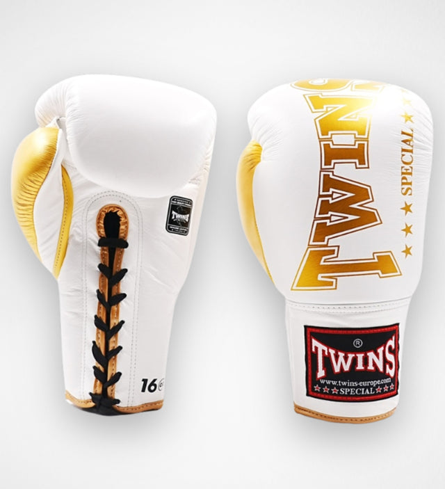 Mănuși de box Twins BGVLL8 cu șnururi – Alb/Aur