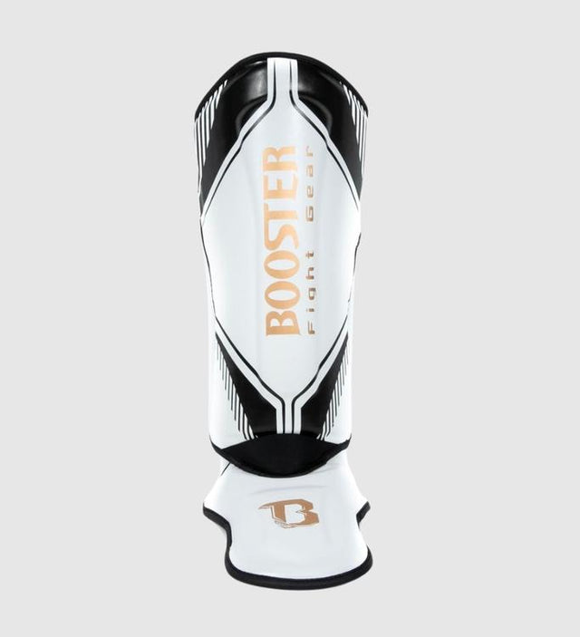 Caneleiras Booster Kickboxing Bangkok – Branco/Preto/Ouro – Caneleiras