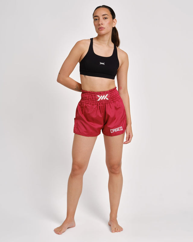 Spodenki Muay Thai Caged Classic – Czerwone/Białe damskie