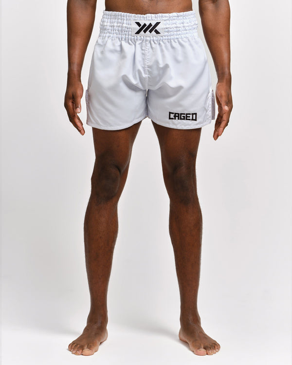 Pantaloncini Muay Thai Caged Classic – Bianco/Nero