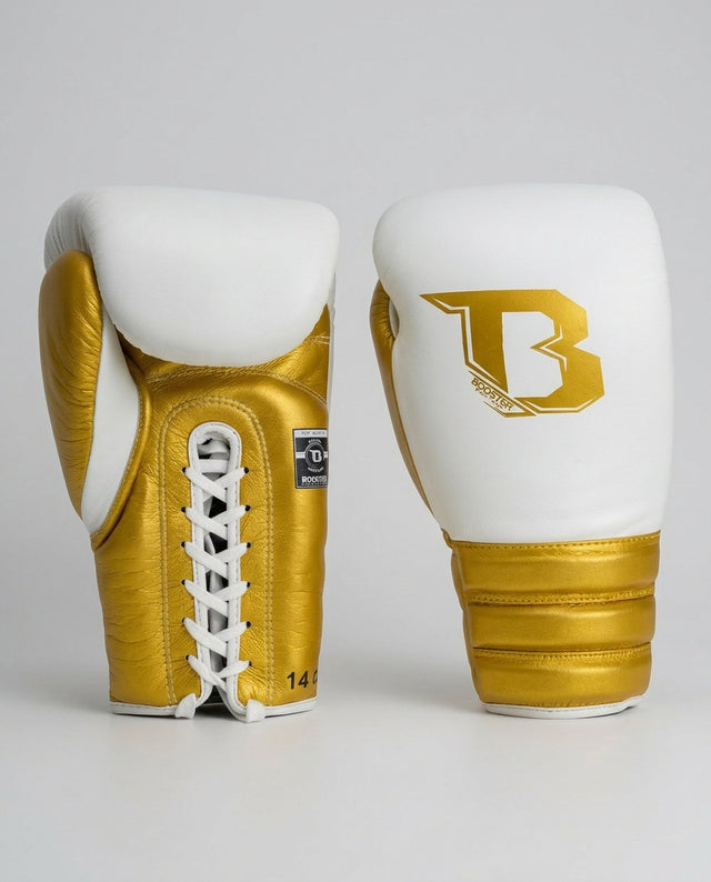 Guantoni da boxe Booster Rapid Strike con allacciatura a lacci – Bianco/Oro