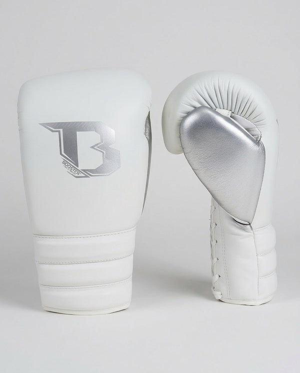 Luvas de boxe Booster Rapid Strike com fecho de cordão – Branco/Prata