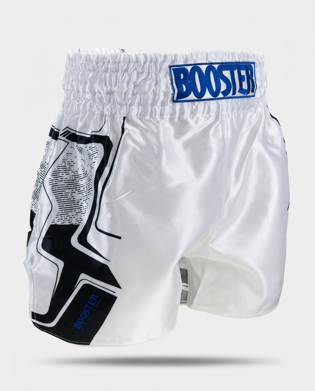 Shorts de Muay Thai Booster BFG Ignite – Blanc/Bleu/Noir