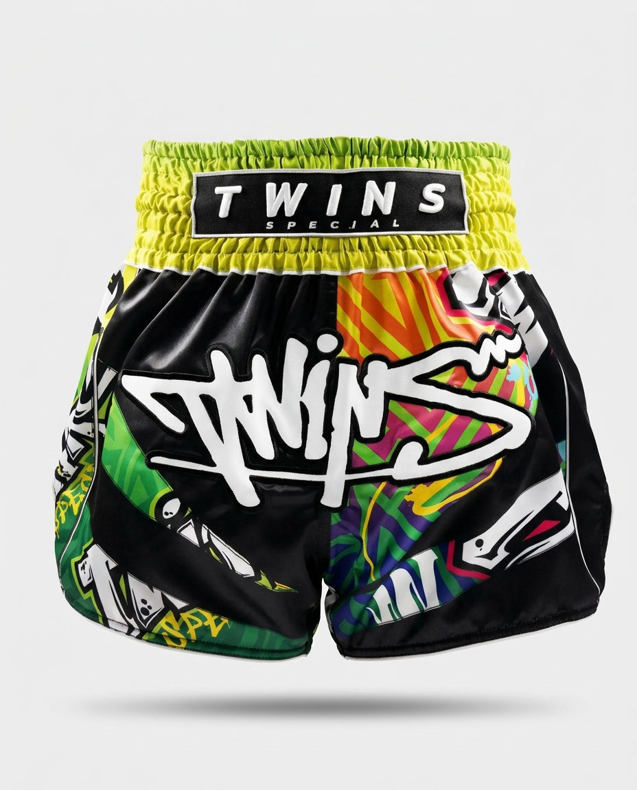 Muay Thai trenky Twins TTBL Graffiti – Černé/Zelené/Žluté