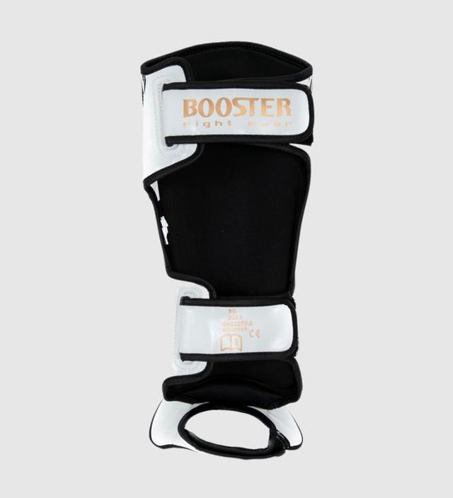Caneleiras Booster Kickboxing Bangkok – Branco/Preto/Ouro – Caneleiras