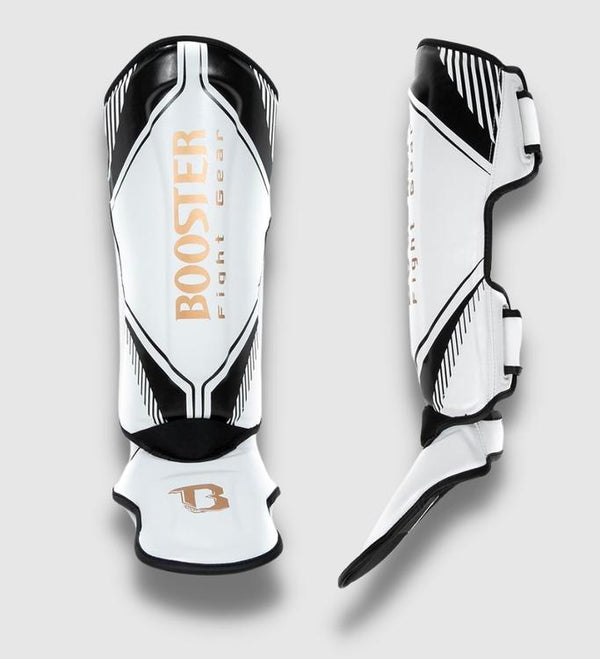Caneleiras de kickboxing Booster Bangkok – Branco/Preto/Ouro