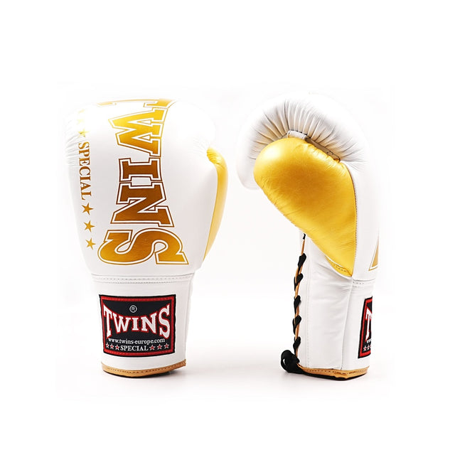 Mănuși de box Twins BGVLL8 cu șnururi – Alb/Aur