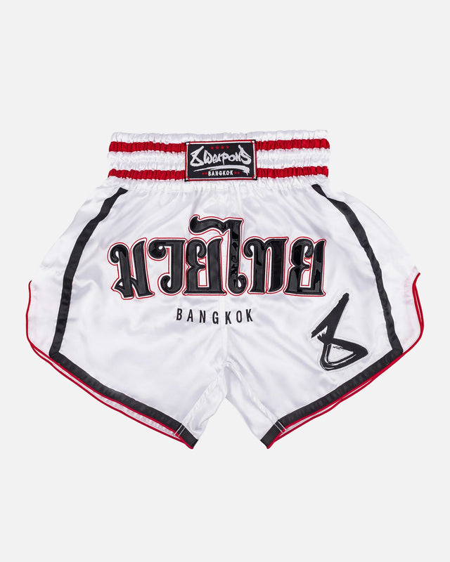 Spodenki Muay Thai 8 WEAPONS Bangkok – Białe/Czarne