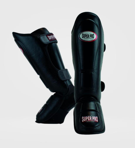 Caneleiras de kickboxing Super Pro Thai Pro Pele – Preto – Caneleiras